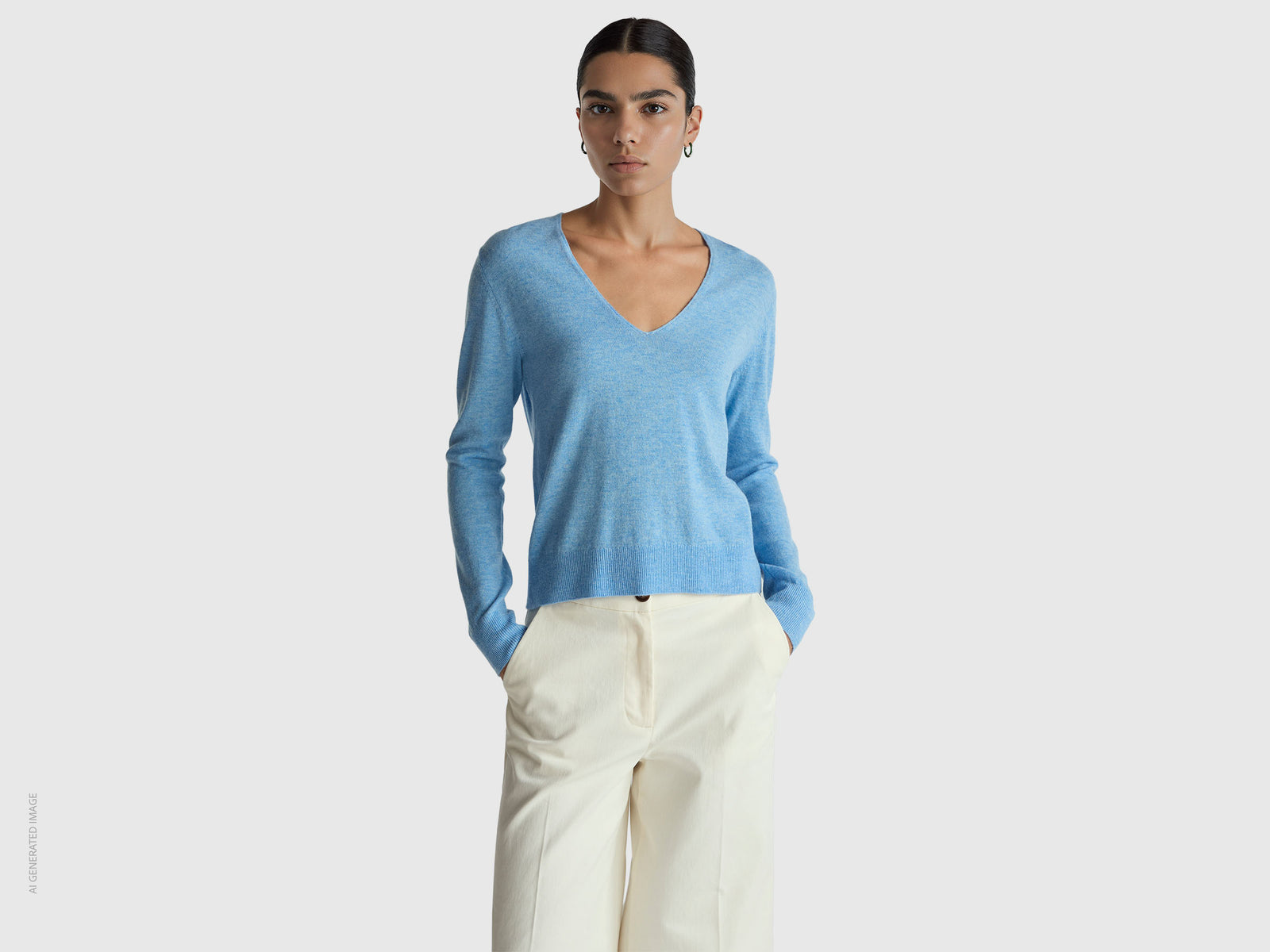 Camisola azul-claro com decote em V em pura lã Merino - ucb_image_F