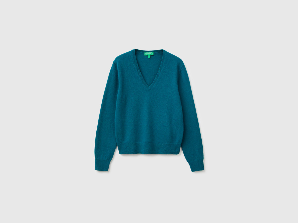 Camisola decote em V azul-petróleo em pura lã Merino - ucb_image_FS