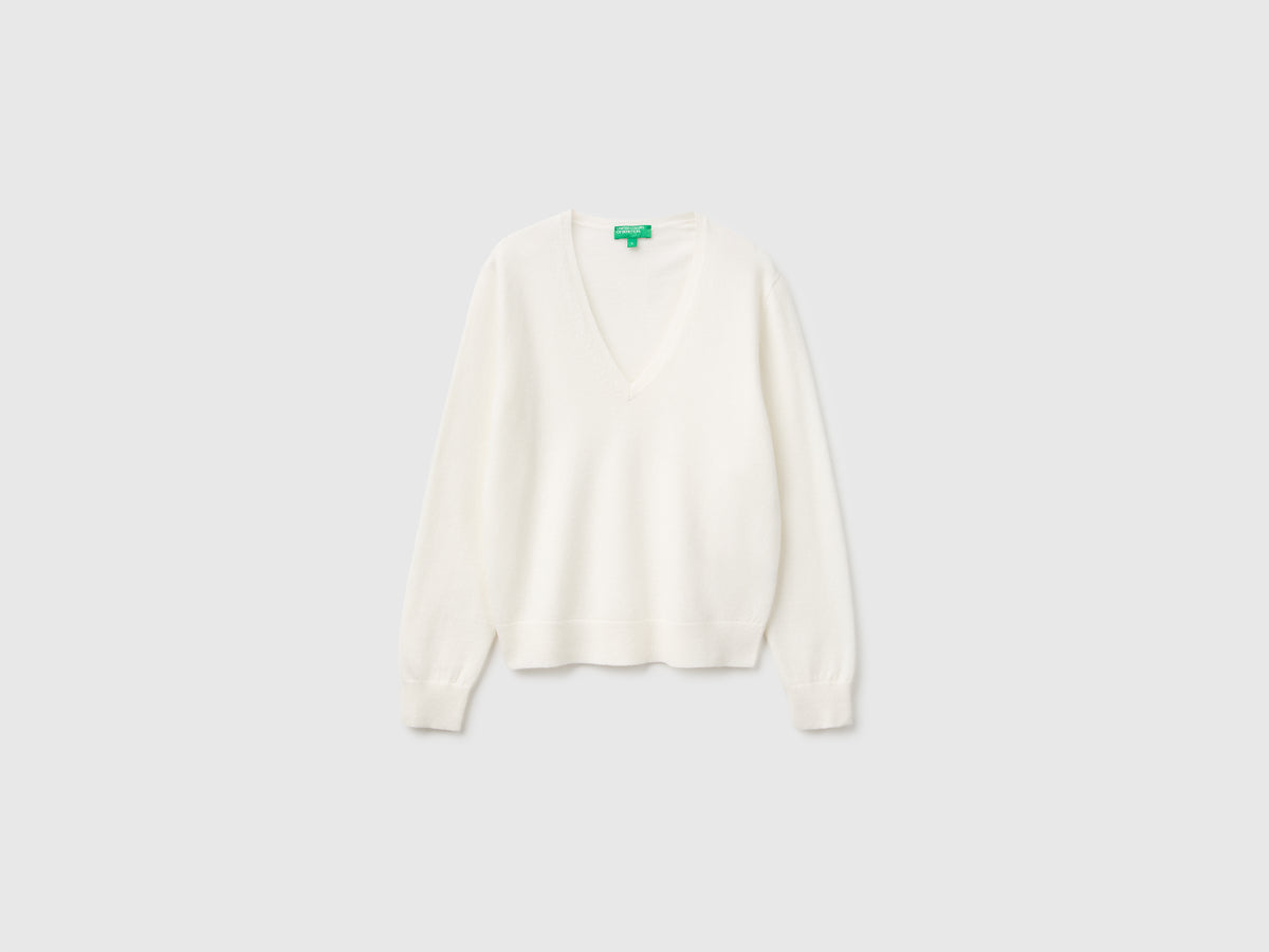 Camisola decote em V cor nata em pura lã Merino - ucb_image_FS