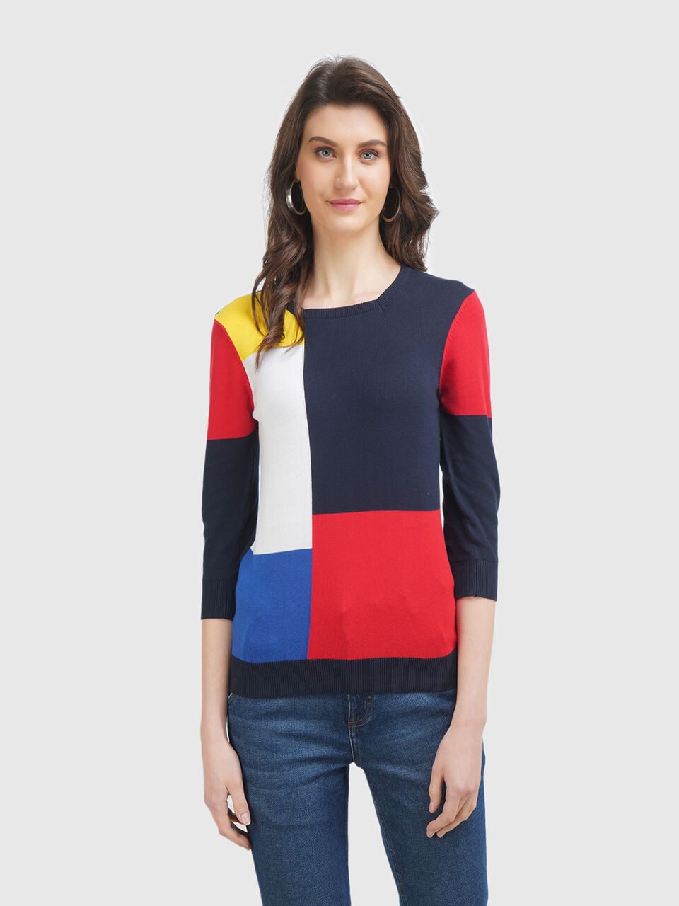3/4th Half Sleeve Square Neck Color Block Tricot image number null
