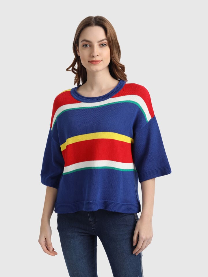Stripe Tricot Sweater with Flared Sleeves