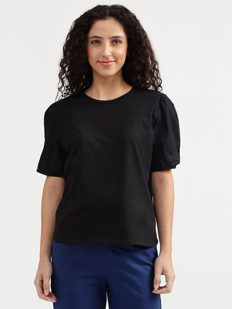 Short Sleeve Knit Woven Top With Puff Slv image number null