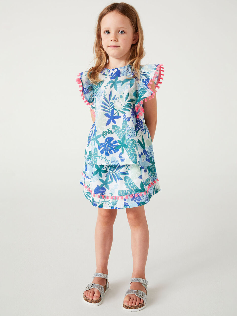 Patterned blouse with neon tassels image number 1
