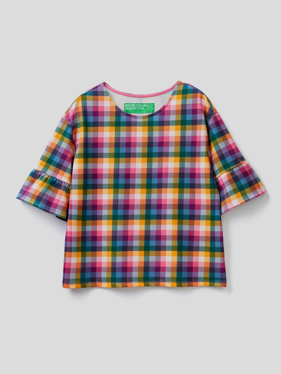 Check t-shirt with frilly sleeves image number 1