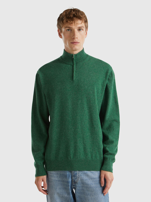 Marl green zip-up sweater in 100% Merino wool Men