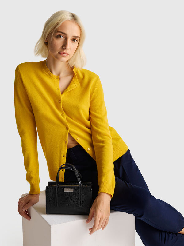 Ocher yellow crew neck cardigan in pure Merino wool Women