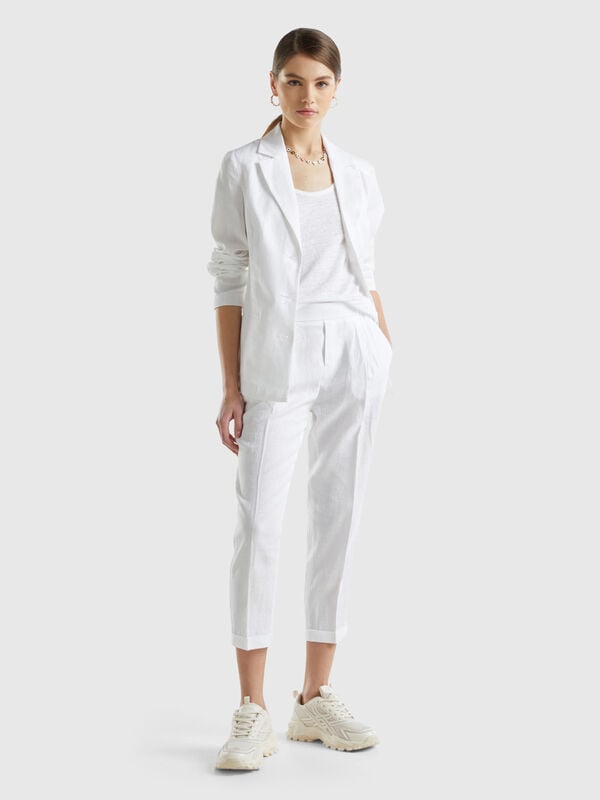 Cropped trousers in 100% linen Women