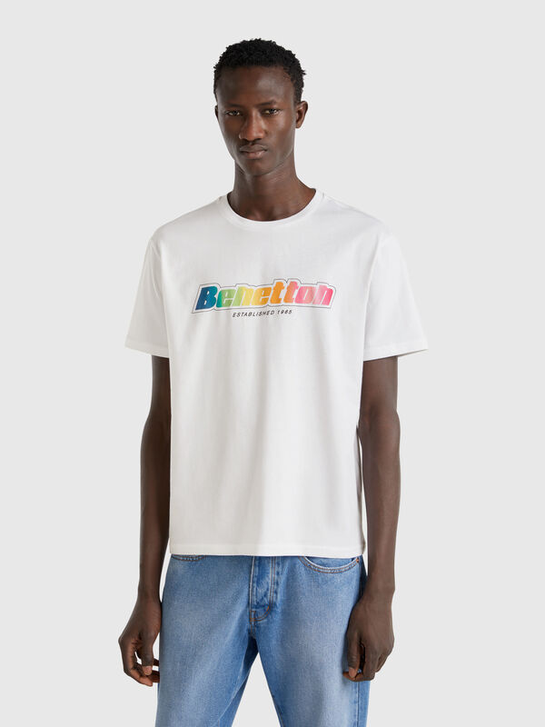 White cotton T-shirt with multicolor logo Men