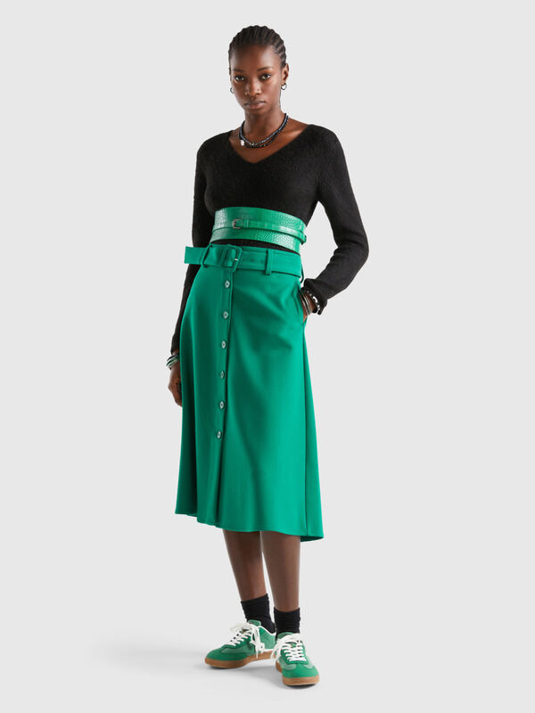 Midi skirt with belt and buttons