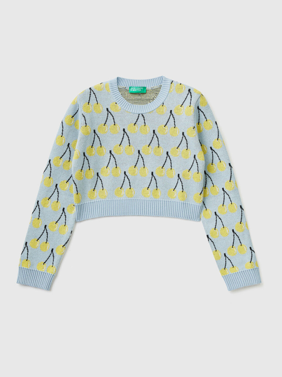 Sky blue cropped sweater with cherry pattern