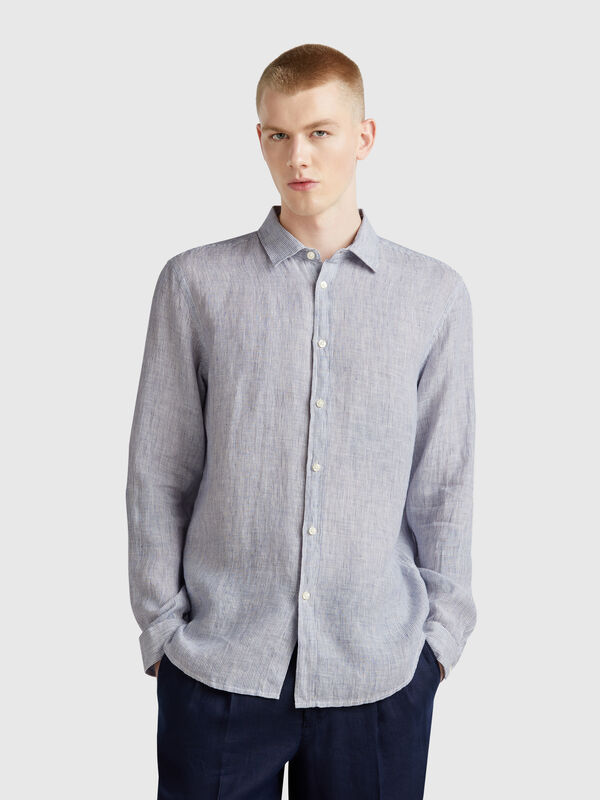 Blue patterned shirt in pure linen Men