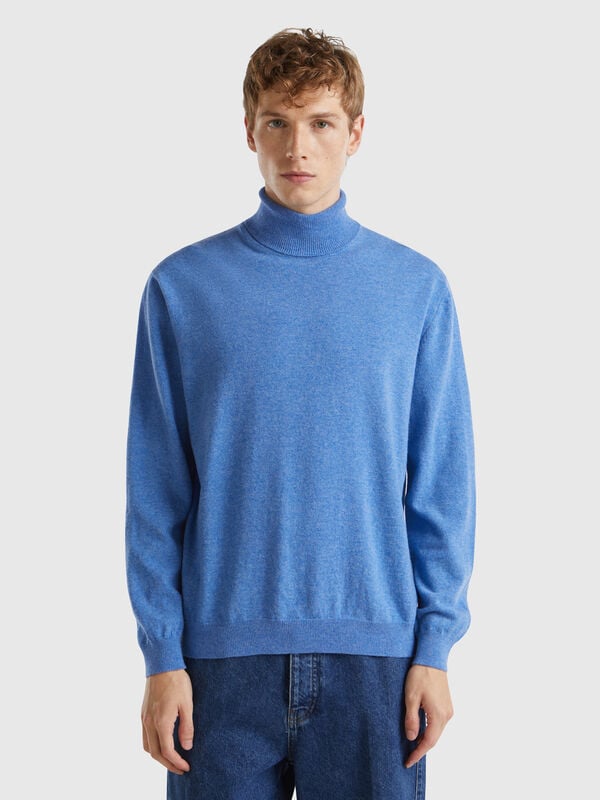 Blue mélange turtleneck in pure Merino wool Men