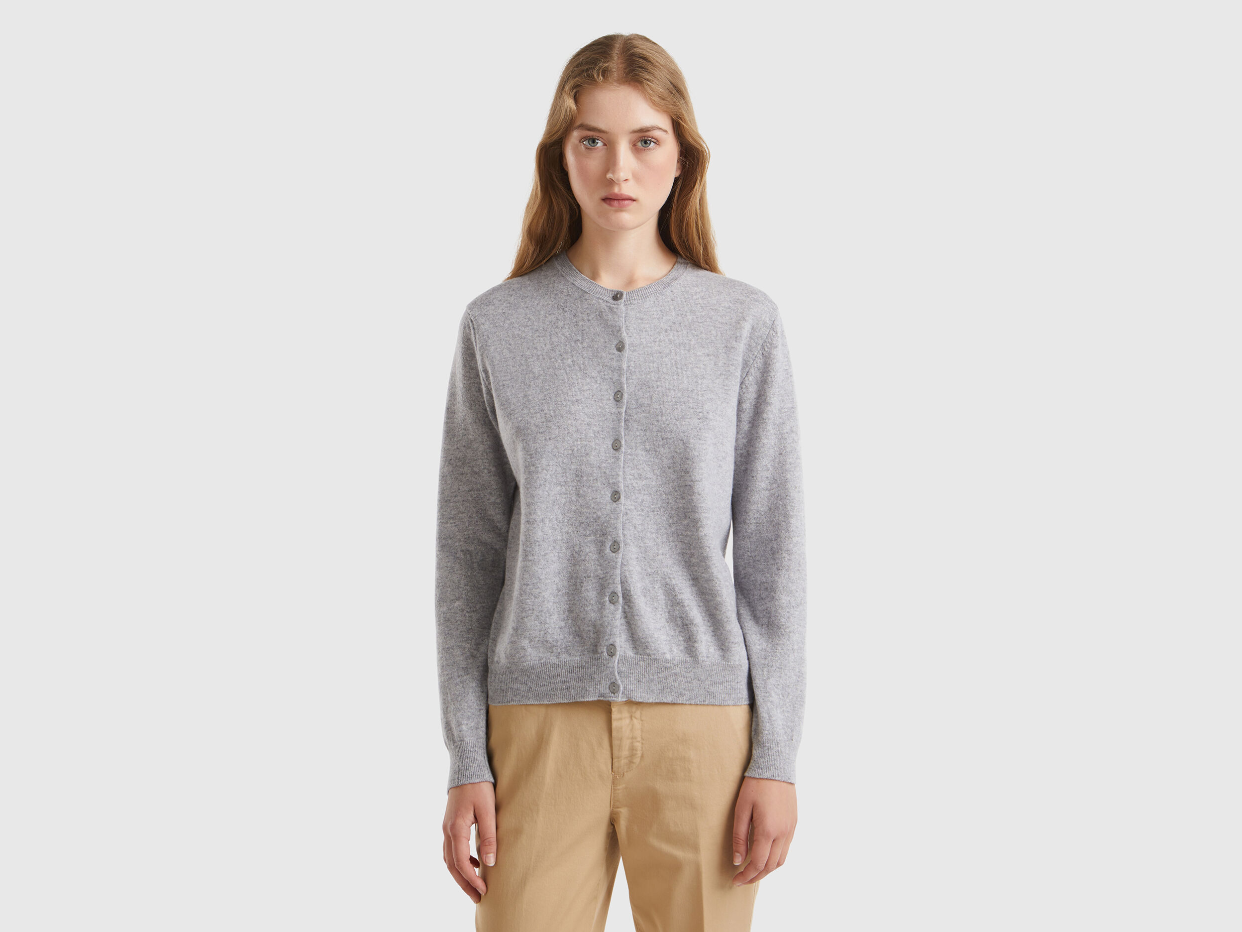 Light gray crew neck cardigan in pure Merino wool Light Gray Benetton