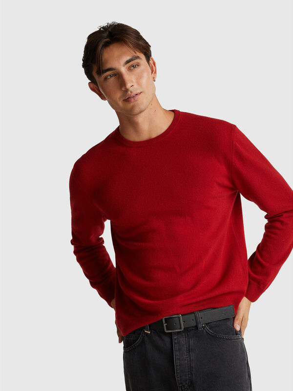 Burgundy crew neck sweater in pure Merino wool Men