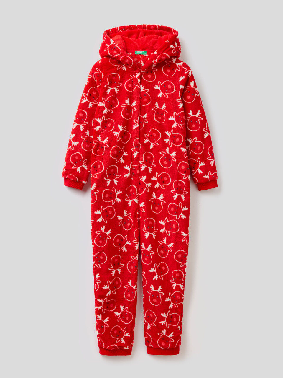 Jumpsuit with hood and reindeer print
