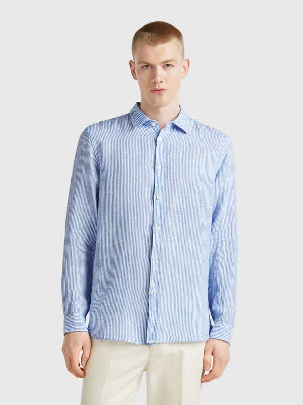 Light blue striped pure linen shirt Men