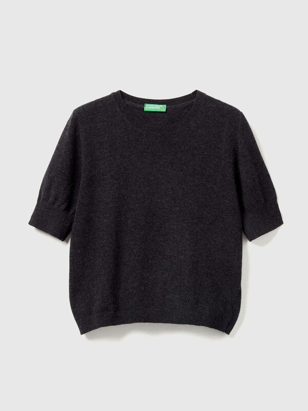 Anthracite short sleeve sweater in pure Merino wool Women