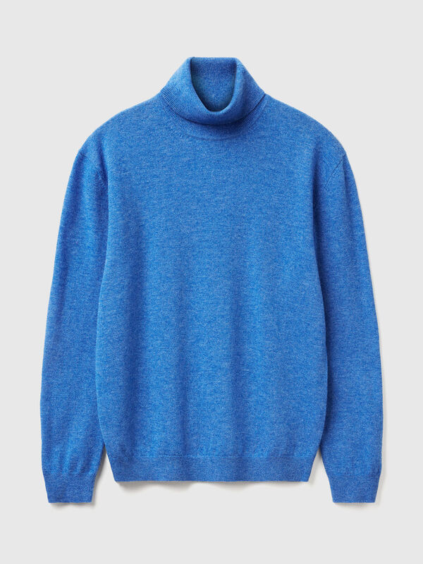 Blue mélange turtleneck in pure Merino wool Men