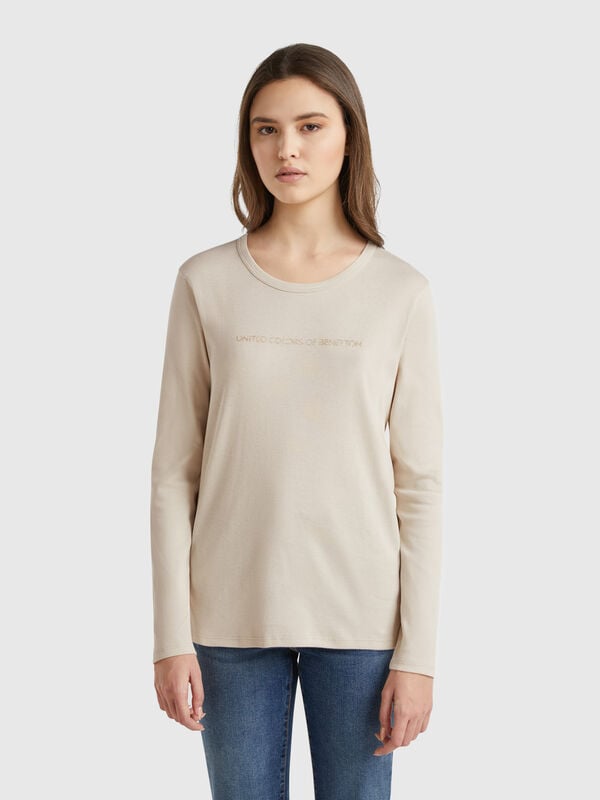 Beige 100% cotton long sleeve t-shirt Women