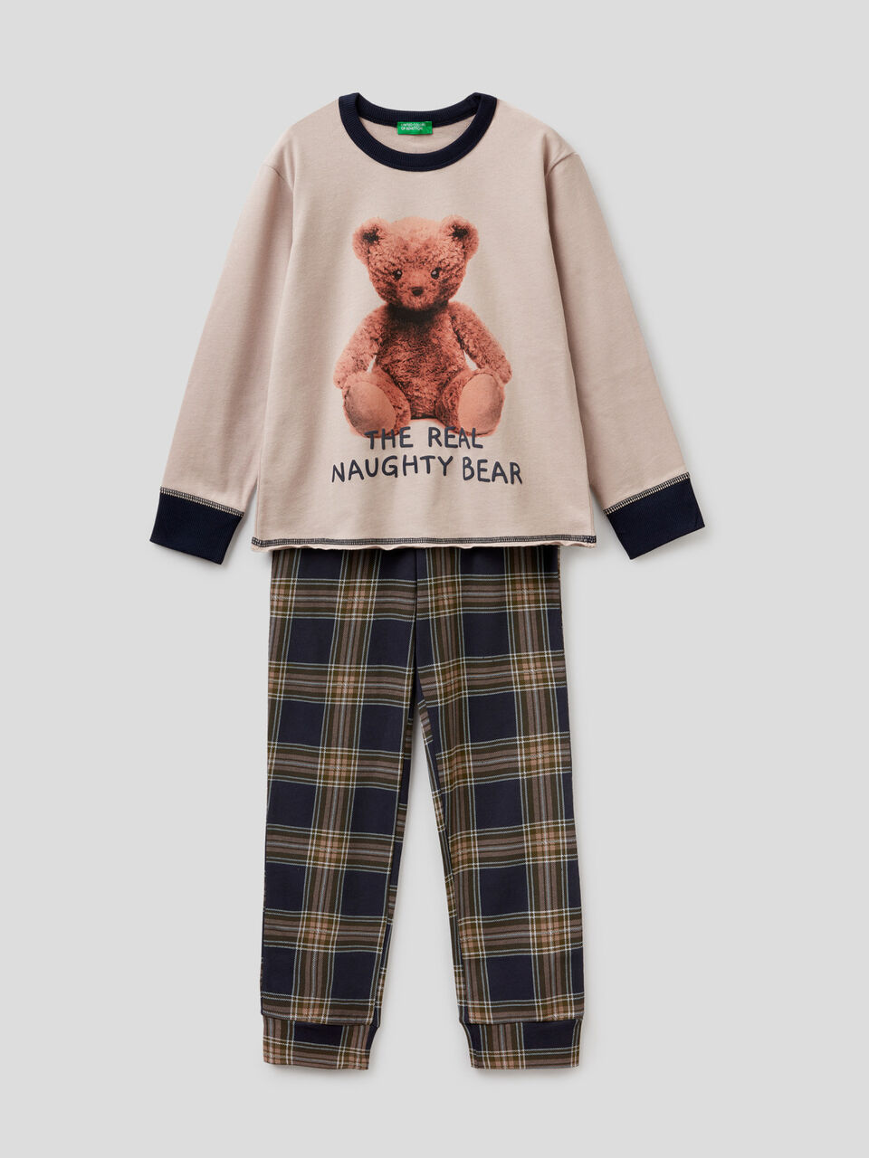 Teddy bear print pyjamas with check trousers image number 1
