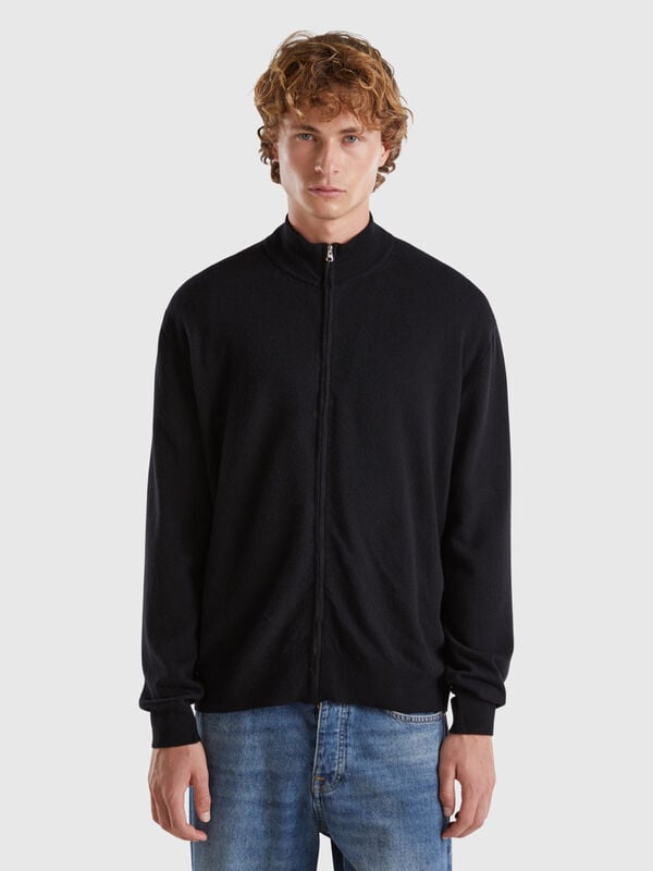 Black zip-up cardigan in pure Merino wool Men