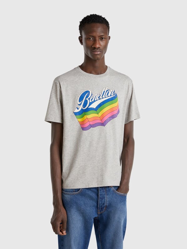 Gray cotton T-shirt with multicolor logo Men