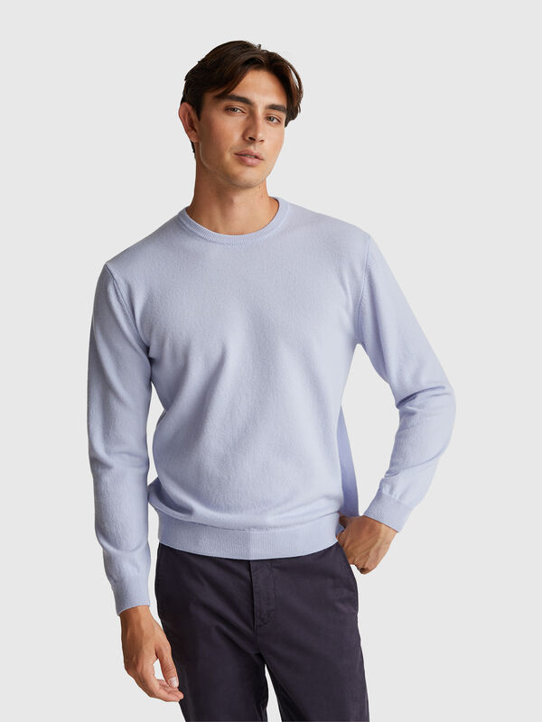 Pink blue crew neck sweater in pure Merino wool Men
