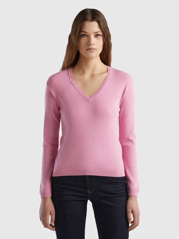 V-neck sweater in pure cotton Women